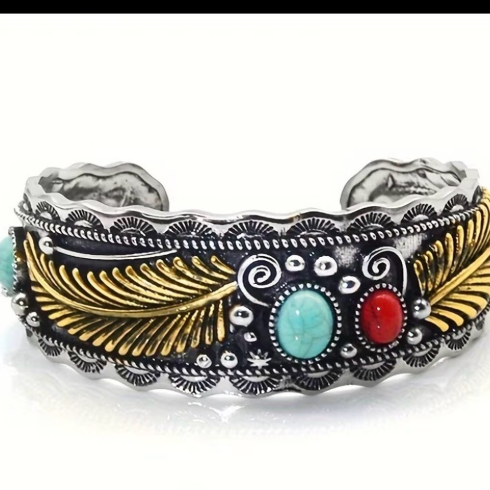 Gold and Silver Colored Fashion Cuff Bracelet with Red and Turquoise Accents